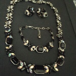 Vintage Black  And AB Crystal Floral Necklace, Bracelet & Clip-On Earrings Set